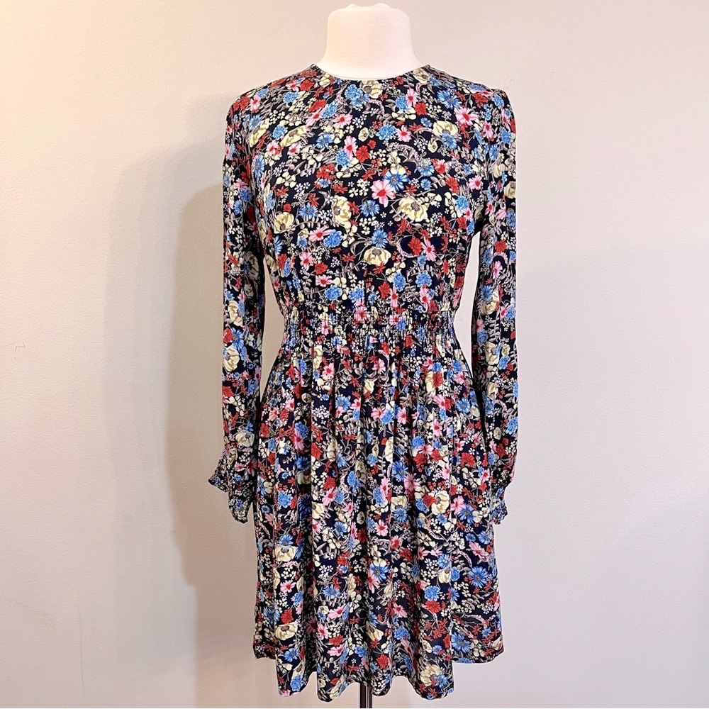 Zara Floral Print Long Sleeve Mini Dress Size L – Ruched Waist, Keyhole Back
